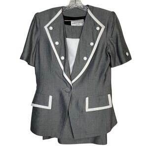 Albert Nipon Vintage 3 Piece Suit Set Grey White Short Sleeve Blazer Skirt Sz 10
